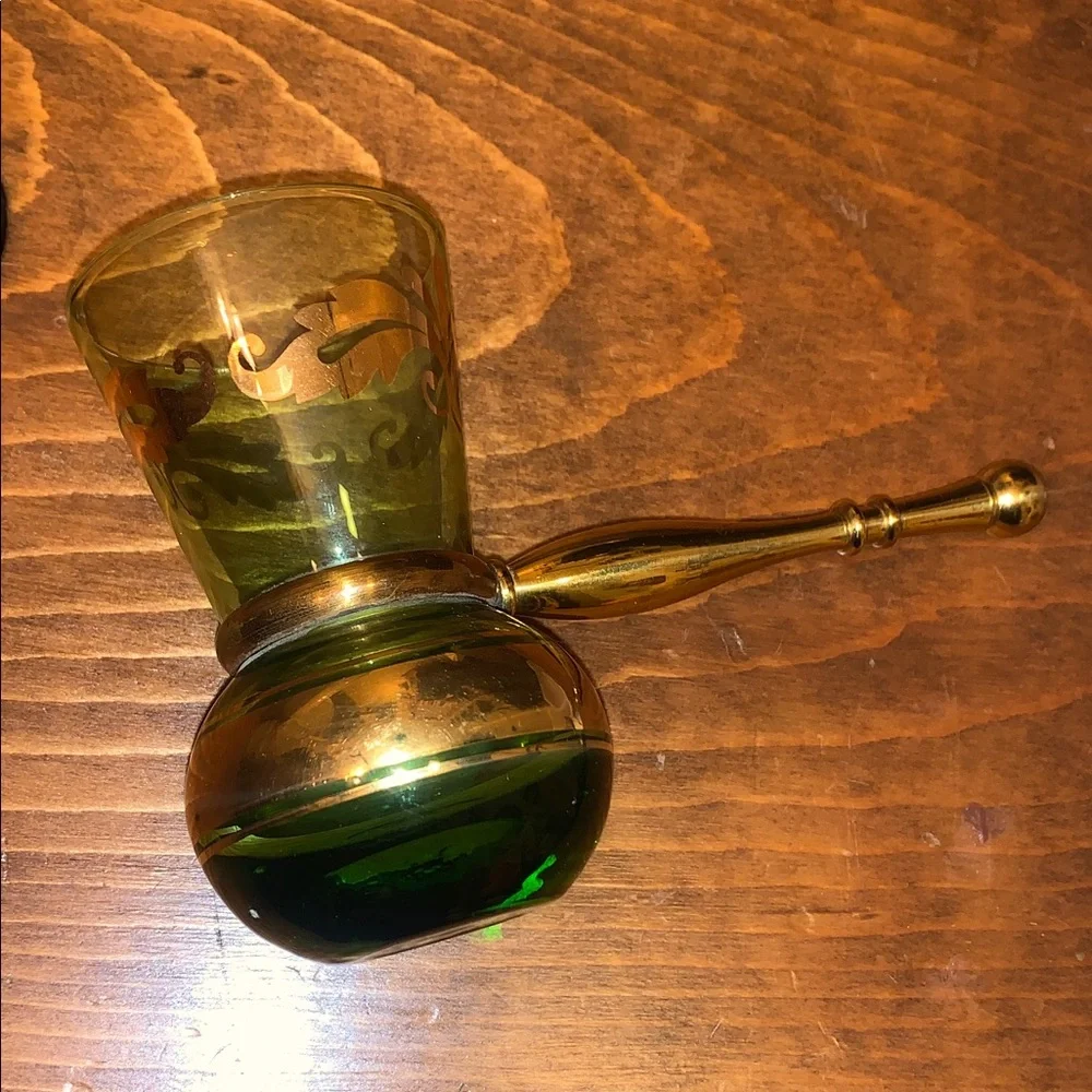 Vintage Bohemian Green Gold Glass Turkish Coffee Goblet Decanter Brass Handle